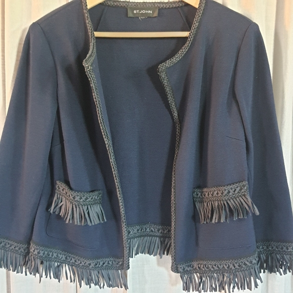 St. John Fringe Trim Jacket Womens Navy Blue Wool Rayon Blend M/L 3/4 Sleeve - Picture 3 of 10